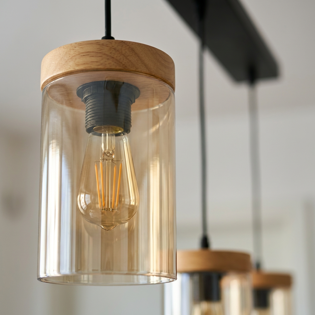 Suspension 3 Lampes en Bois Naturel & Verre Fumé - Nord