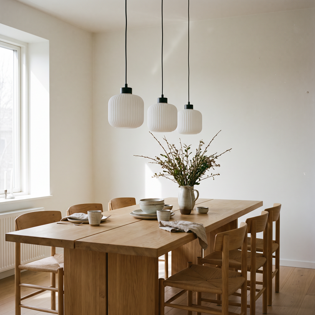 Suspension Barre 3 Lampes en Verre Opale Côtelé - Neva