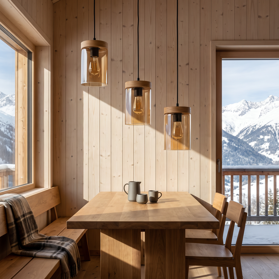 Suspension 3 Lampes en Bois Naturel & Verre Fumé - Nord