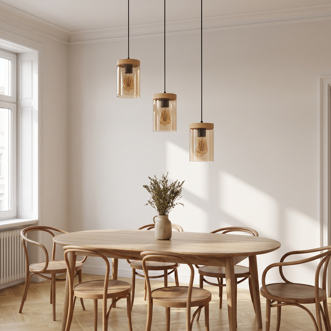 Suspension 3 Lampes en Bois Naturel & Verre Fumé - Nord