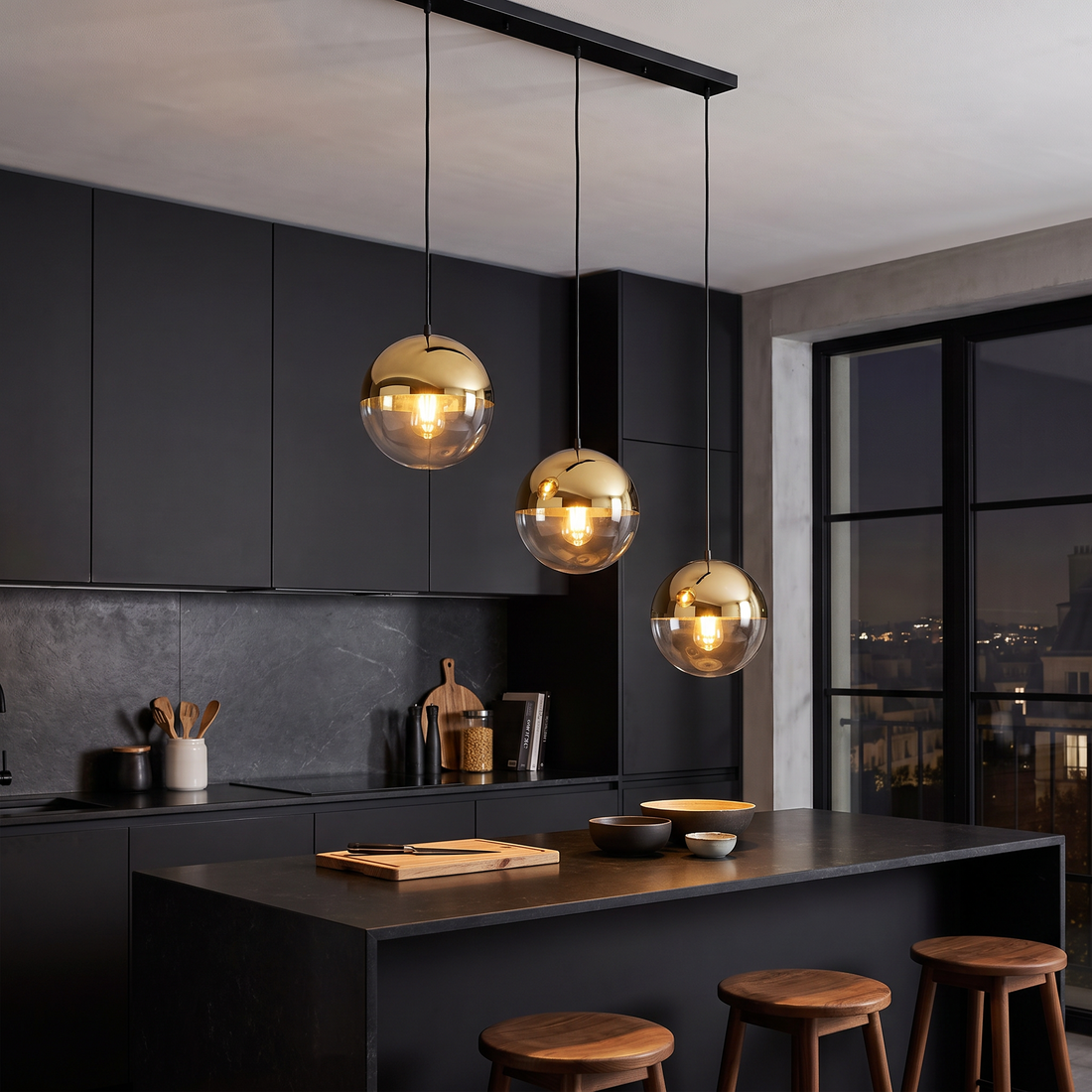 Suspension 3 Globes en Verre Transparent & Or Miroir - Orbe