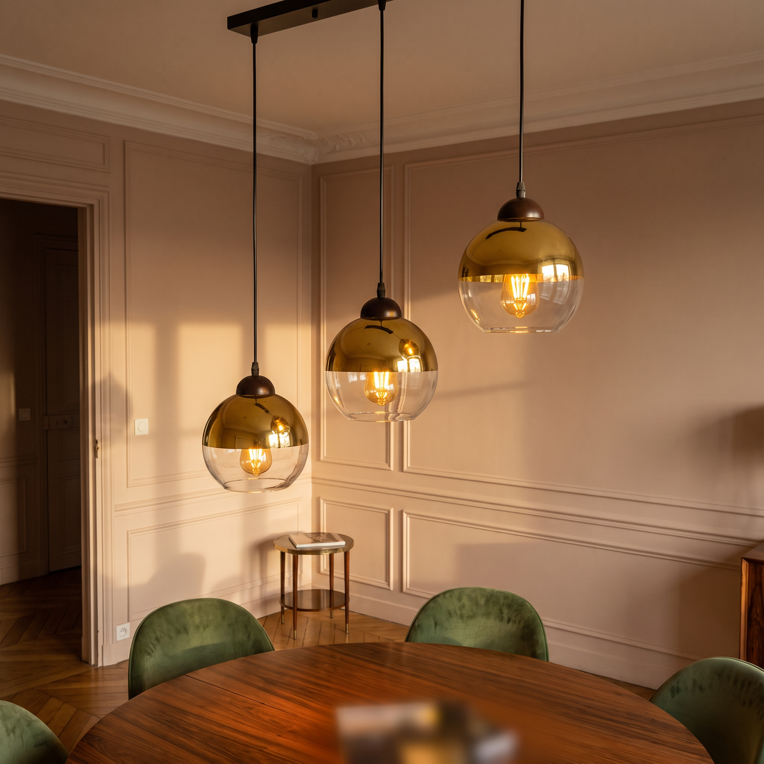 Suspension 3 Globes en Verre Transparent & Or Miroir - Orbe
