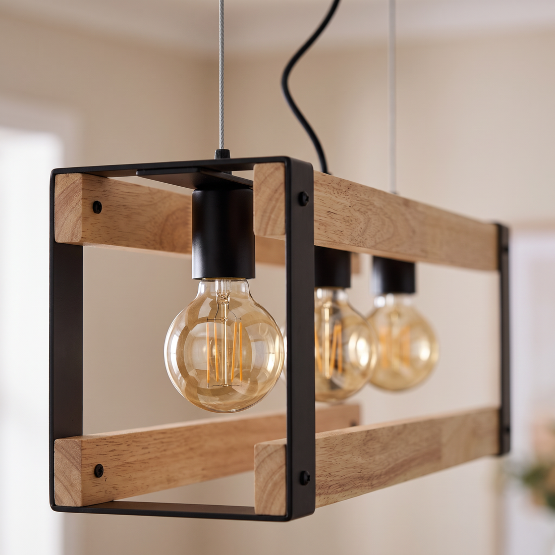 Suspension 3 Lampes en Acier & Bois - Teka