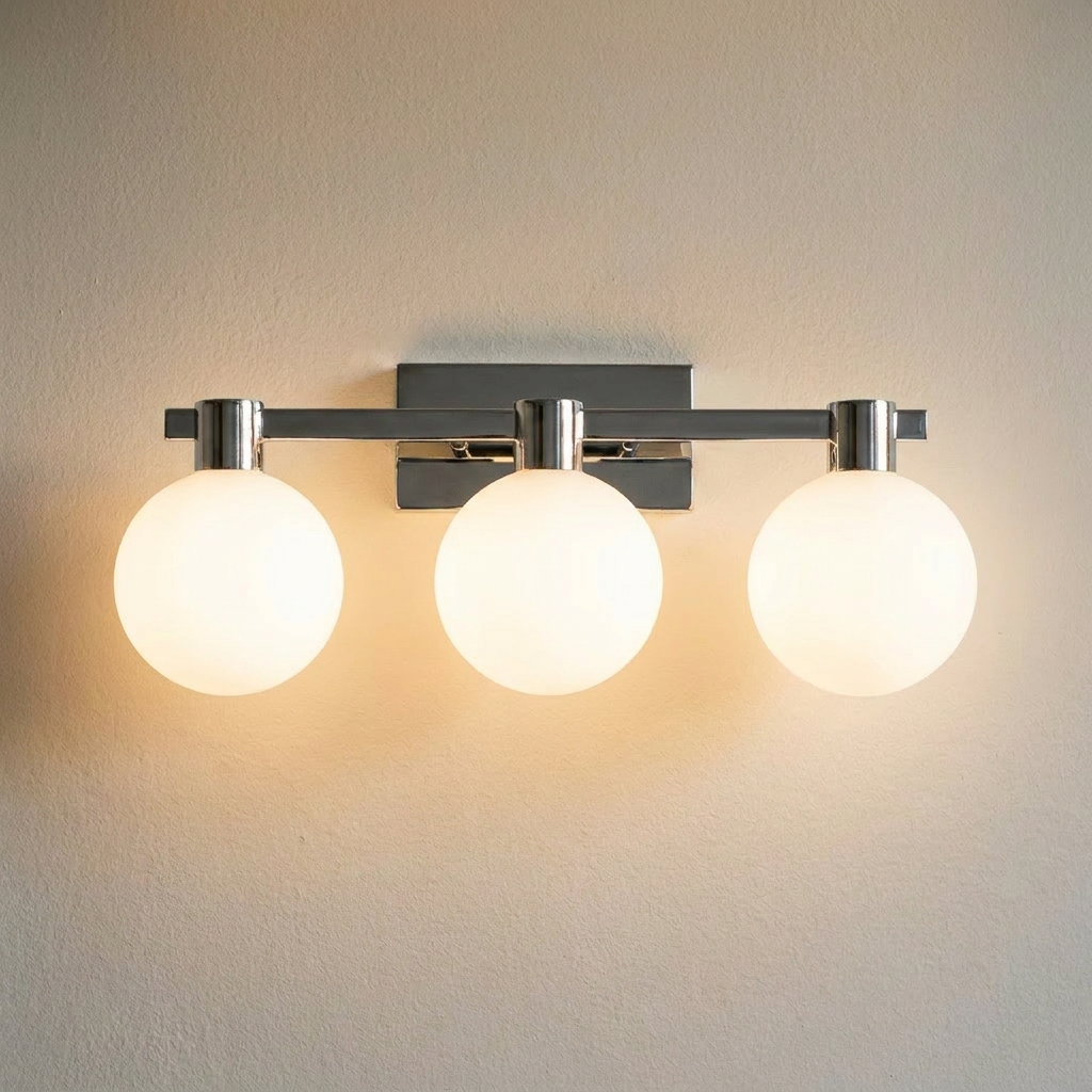 Applique murale 3 lampes acier verre chromé blanc Maldus — allumée en situation