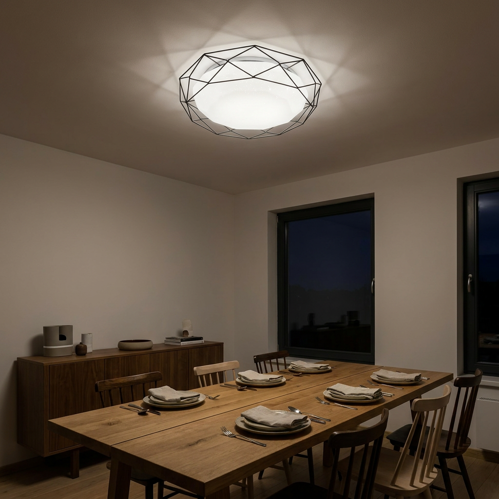 Plafonnier LED noir Sven allumé le soir dans une salle à manger, lumière blanche