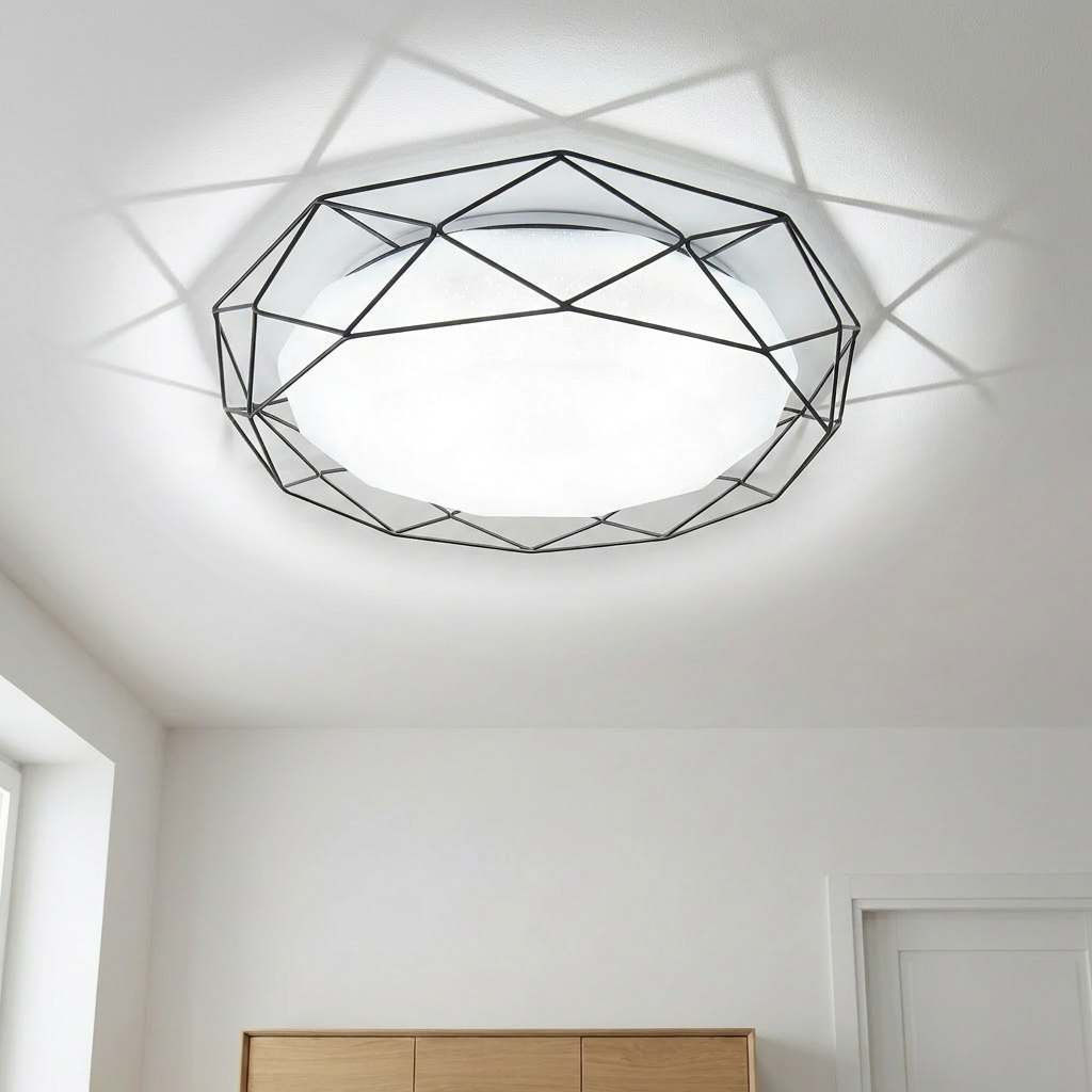 Plafonnier LED noir Sven allumé au plafond, halo lumineux et ombres géométriques