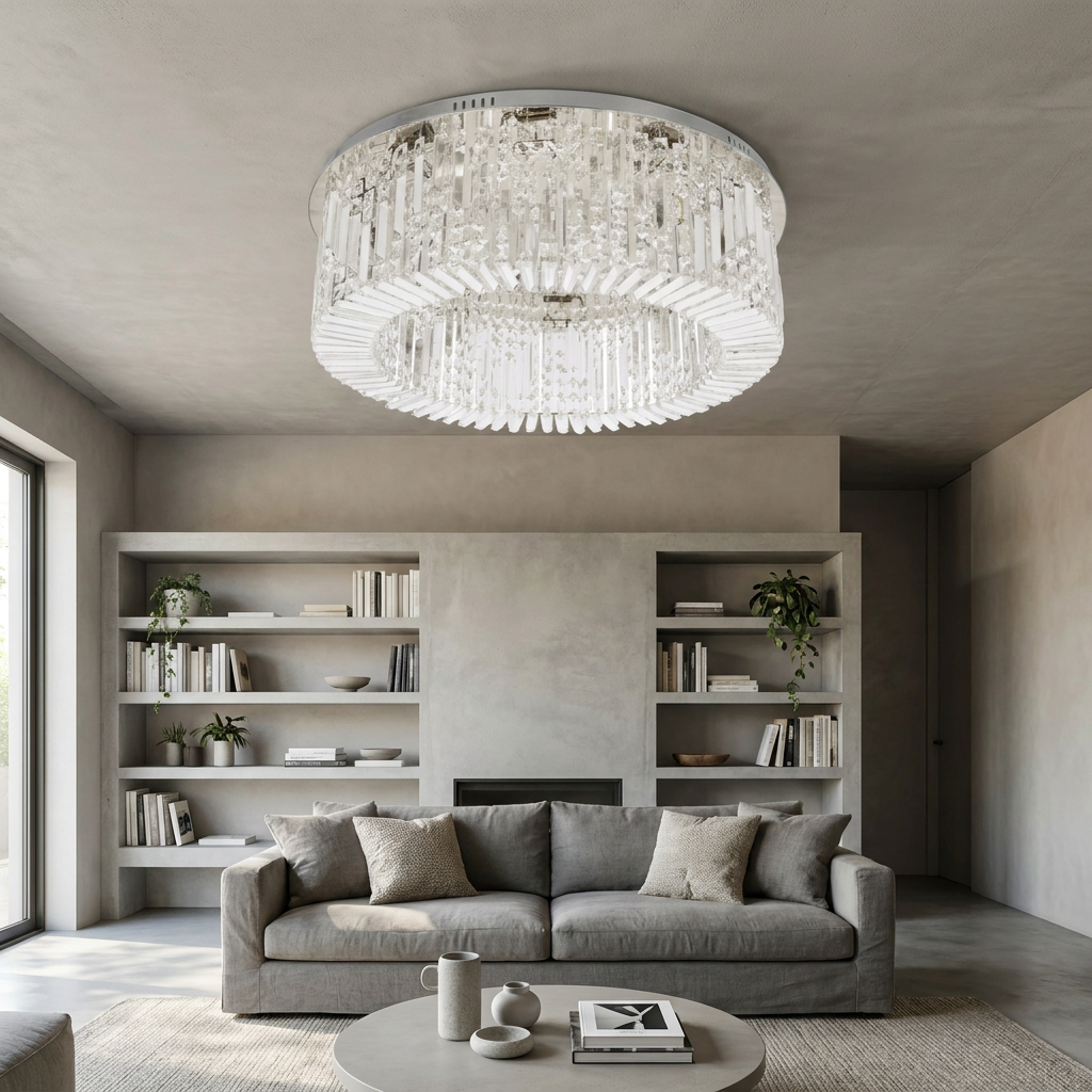 Plafonnier 10 Lampes Acier Verre Cristal Chromé | Maranga — en situation dans une piece, fixe au plafond, eteint
