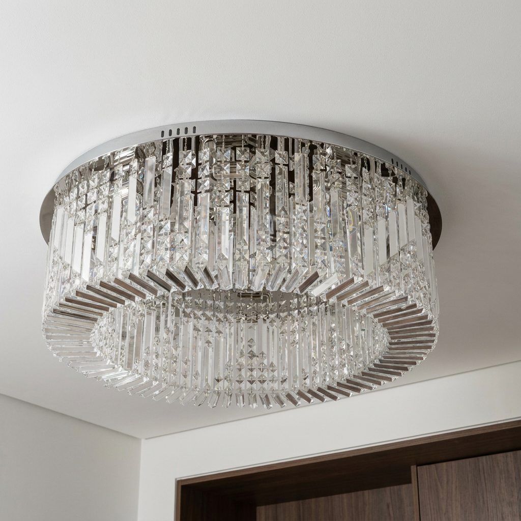 Plafonnier 10 Lampes Acier Verre Cristal Chromé | Maranga — vu de dessous, fixe au plafond, eteint