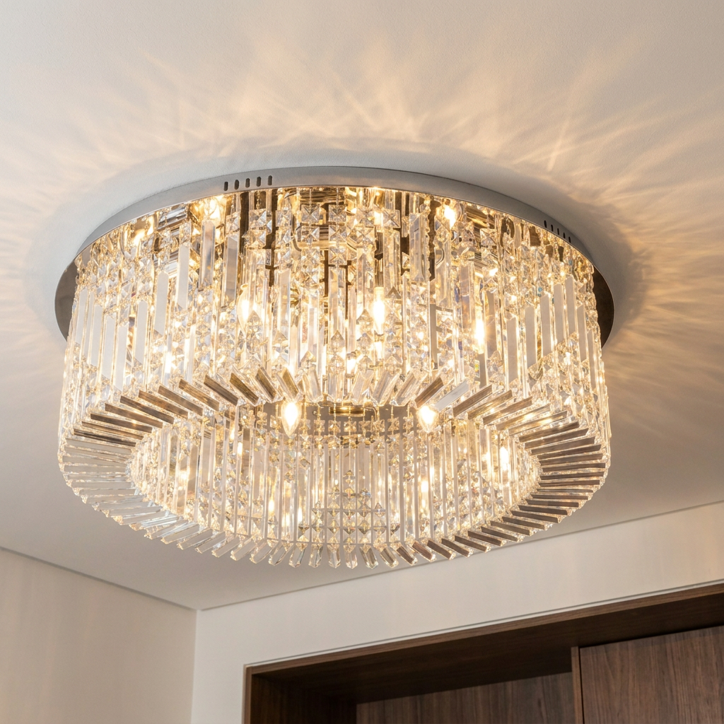 Plafonnier 10 Lampes Acier Verre Cristal Chromé | Maranga — allume au plafond, halo lumineux