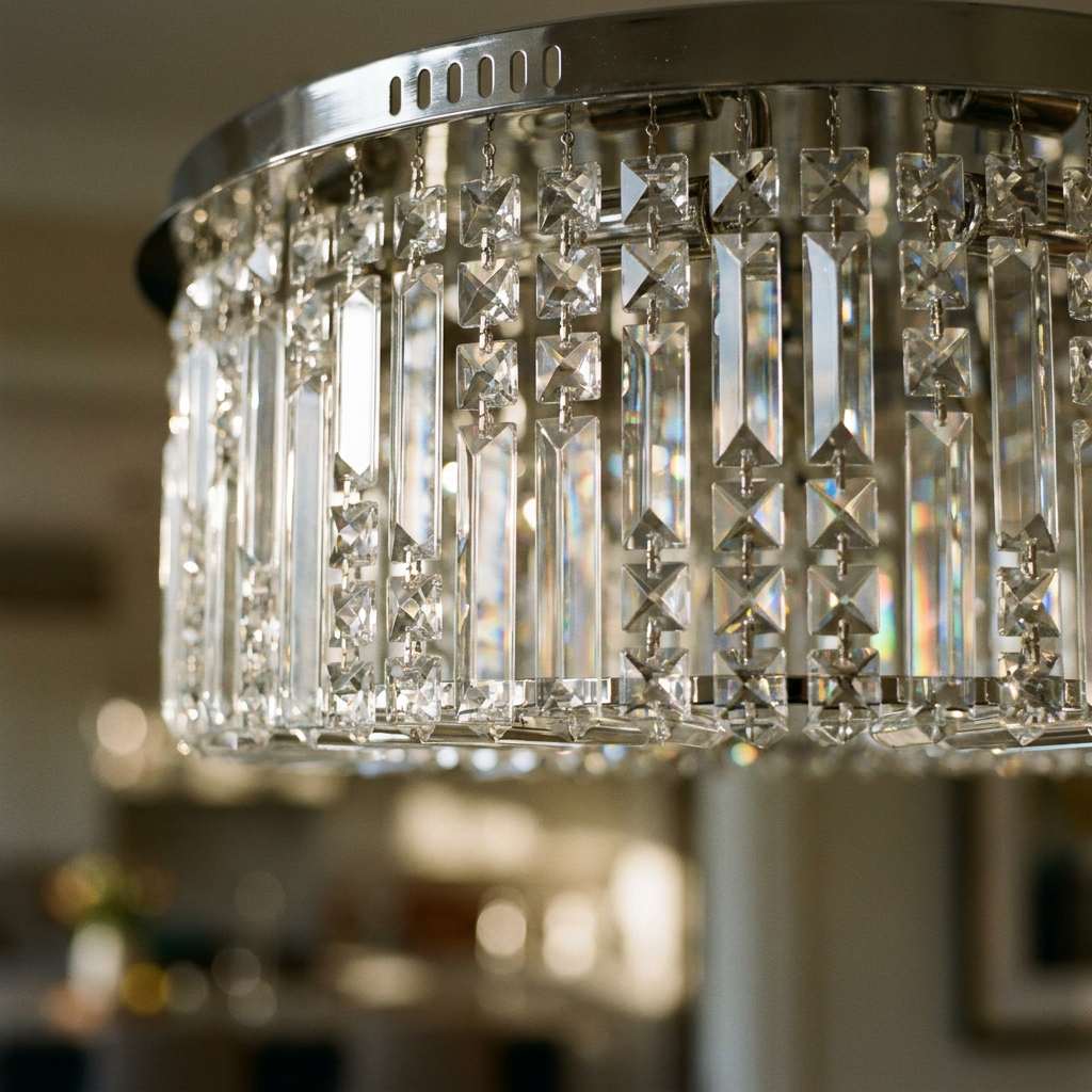 Plafonnier 10 Lampes Acier Verre Cristal Chromé | Maranga — gros plan sur la matiere et la finition