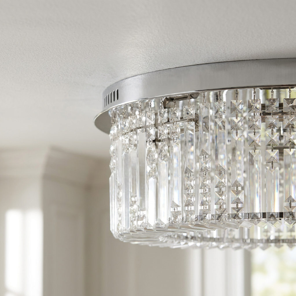 Plafonnier 10 Lampes Acier Verre Cristal Chromé | Maranga — detail du bord et de la fixation au plafond