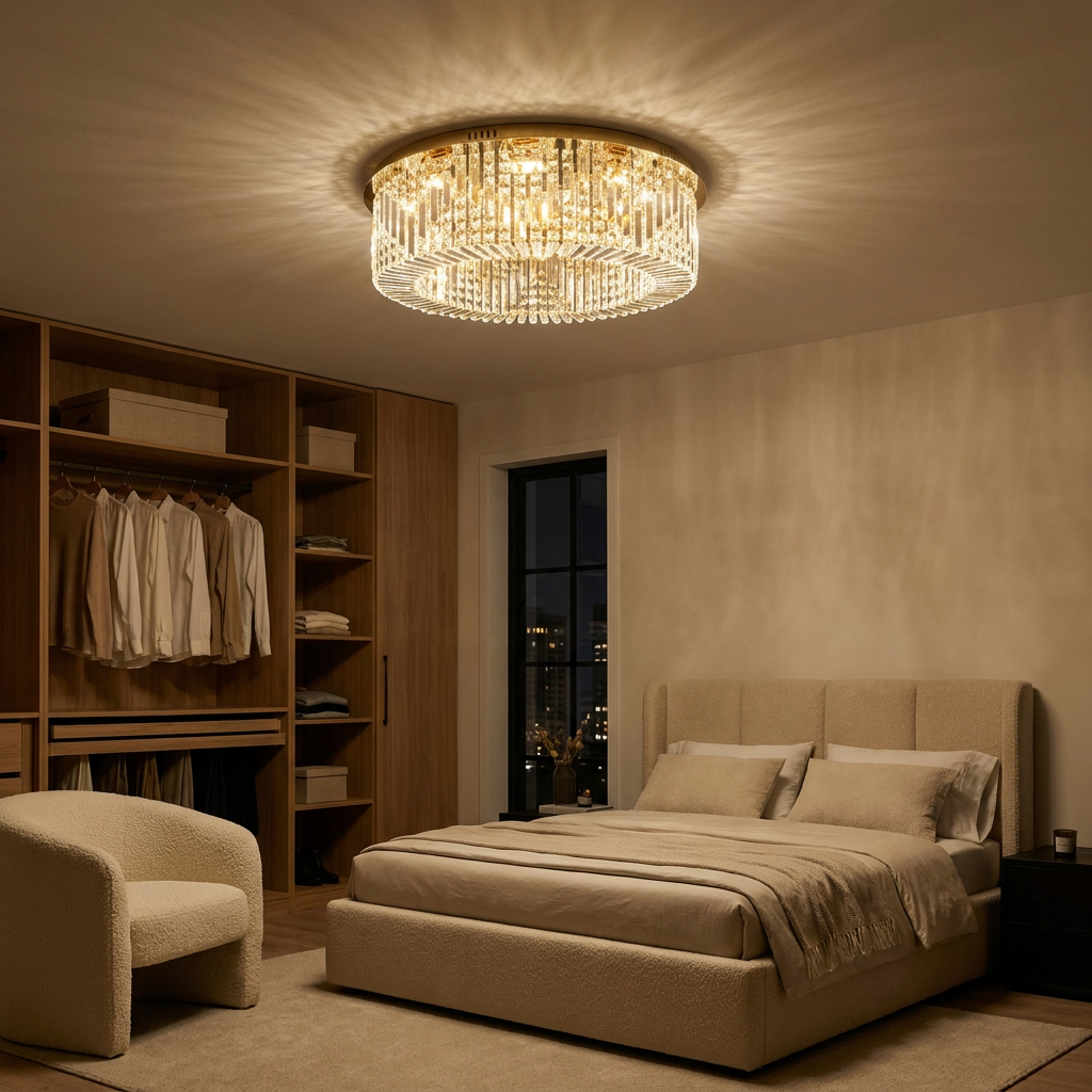 Plafonnier 10 Lampes Acier Verre Cristal Doré | Maranga — allume le soir, ambiance chaleureuse, eclairage du plafond