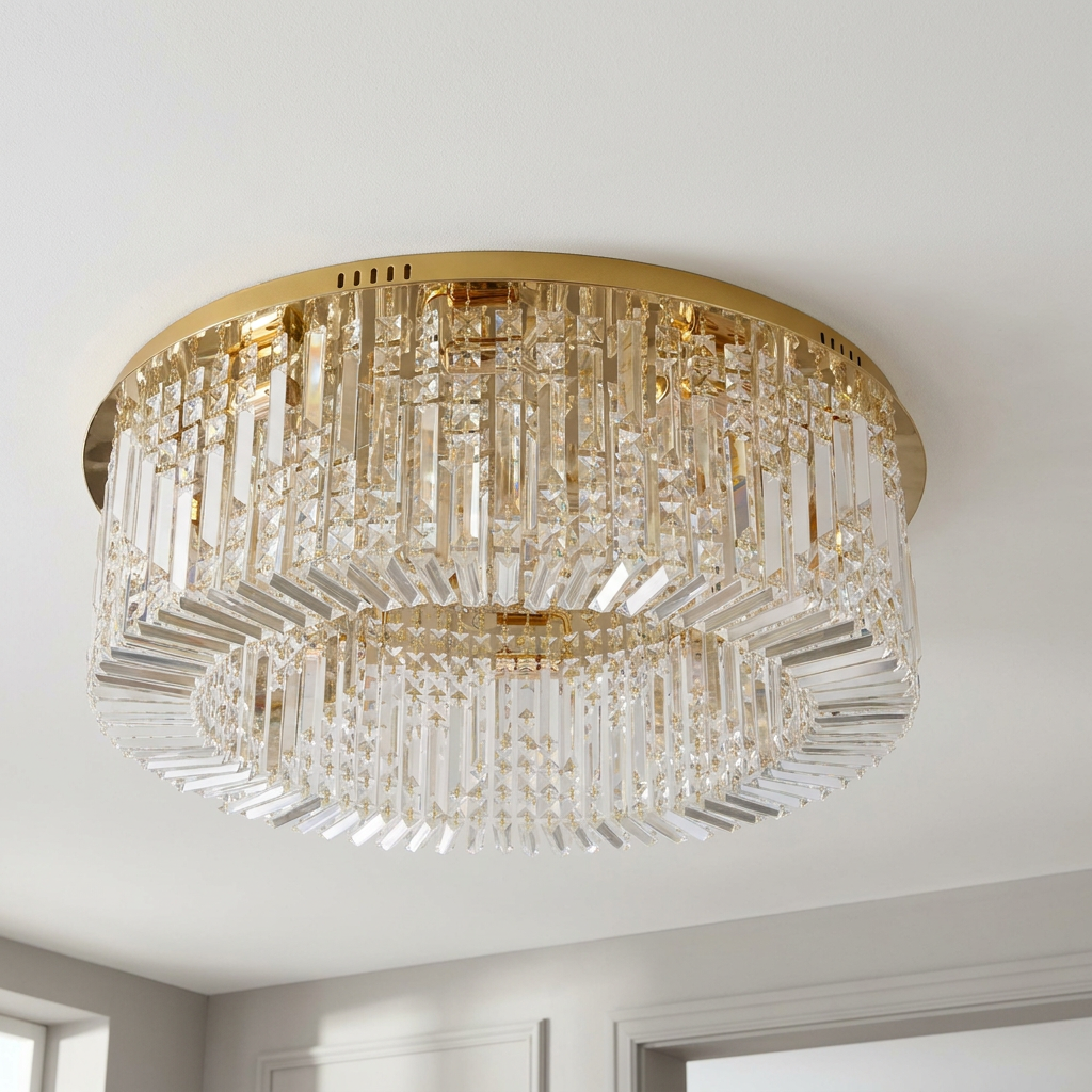 Plafonnier 10 Lampes Acier Verre Cristal Doré | Maranga — vu de dessous, fixe au plafond, eteint