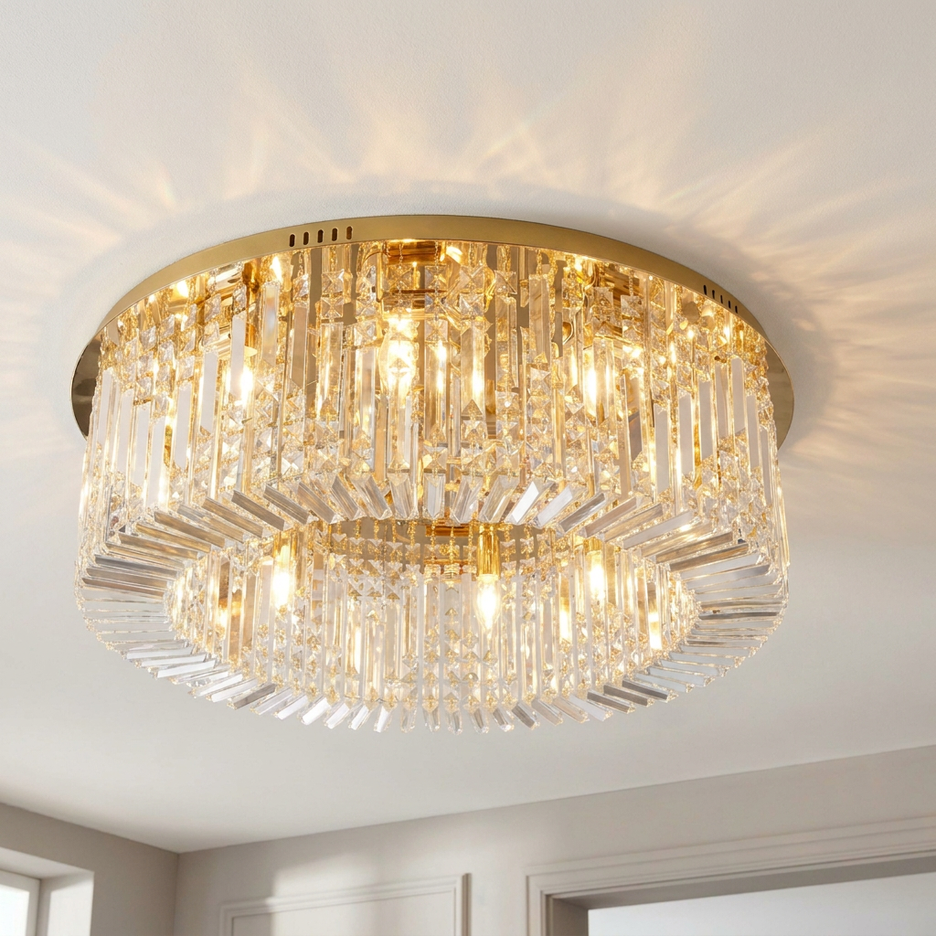 Plafonnier 10 Lampes Acier Verre Cristal Doré | Maranga — allume au plafond, halo lumineux
