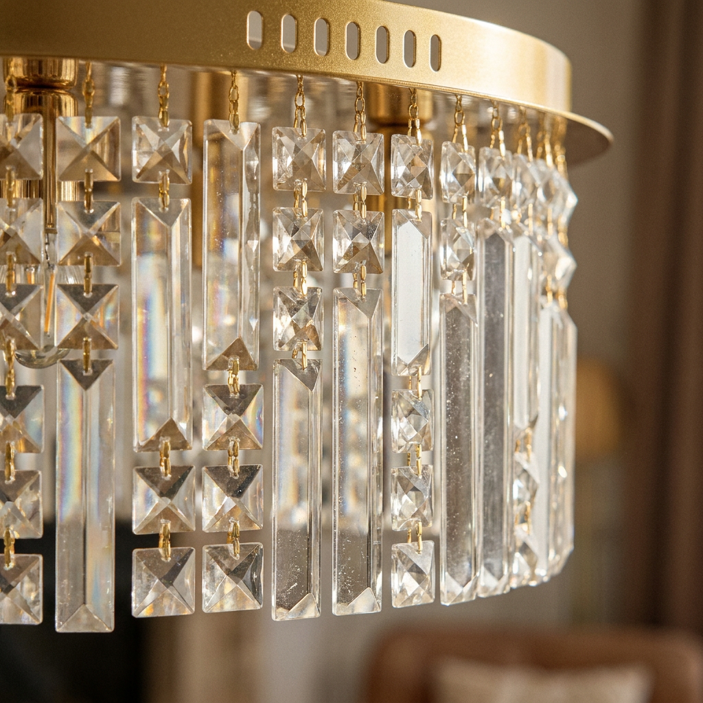 Plafonnier 10 Lampes Acier Verre Cristal Doré | Maranga — gros plan sur la matiere et la finition