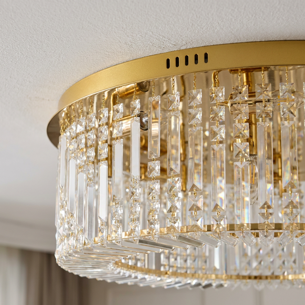 Plafonnier 10 Lampes Acier Verre Cristal Doré | Maranga — detail du bord et de la fixation au plafond