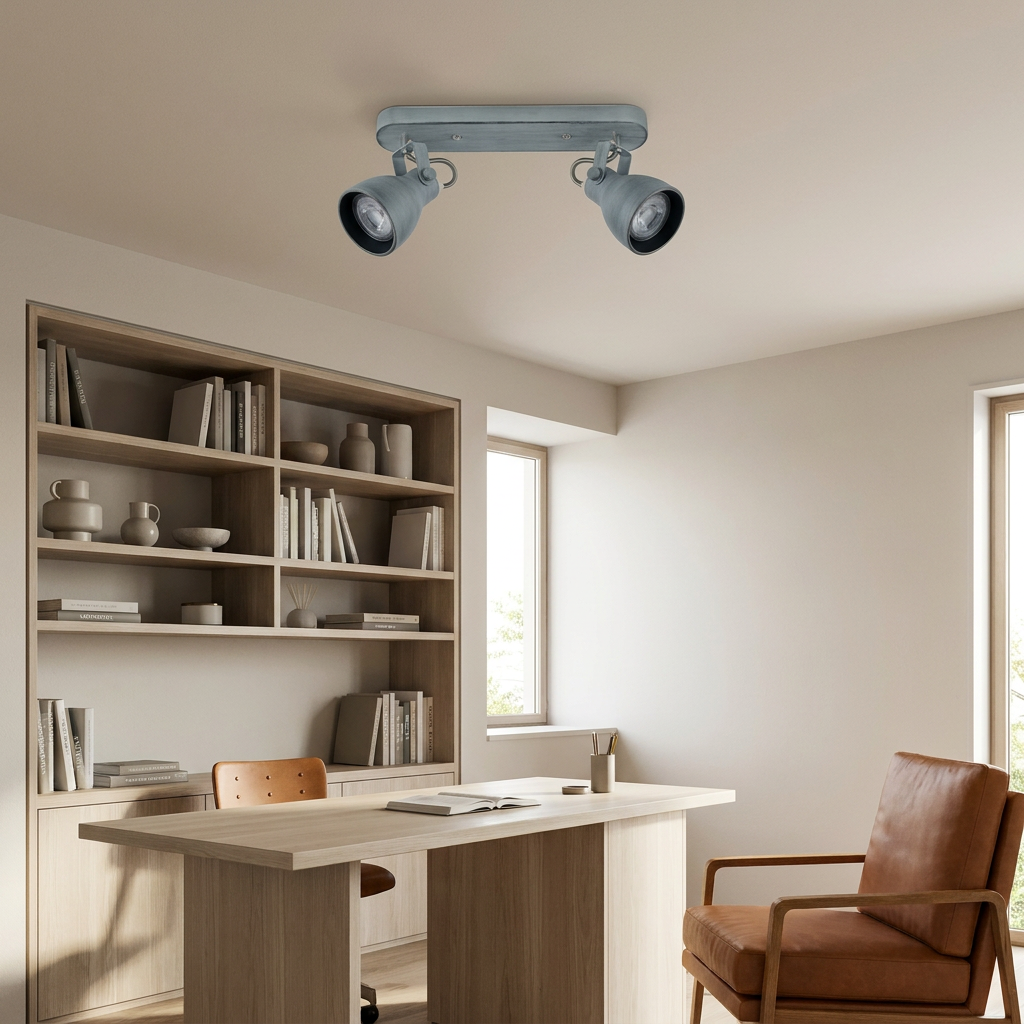 Plafonnier 2 Lampes Acier Mat Gris | Ash — en situation dans une piece, fixe au plafond, eteint