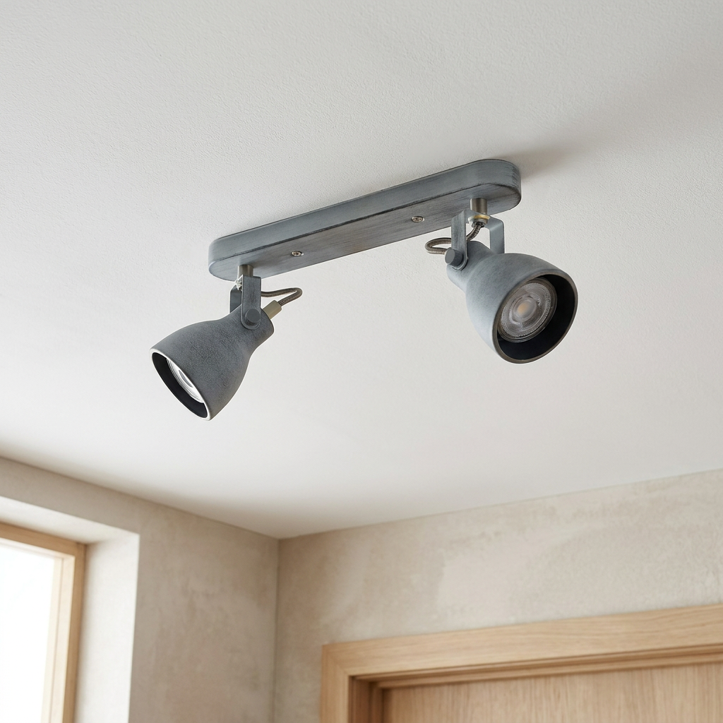 Plafonnier 2 Lampes Acier Mat Gris | Ash — vu de dessous, fixe au plafond, eteint