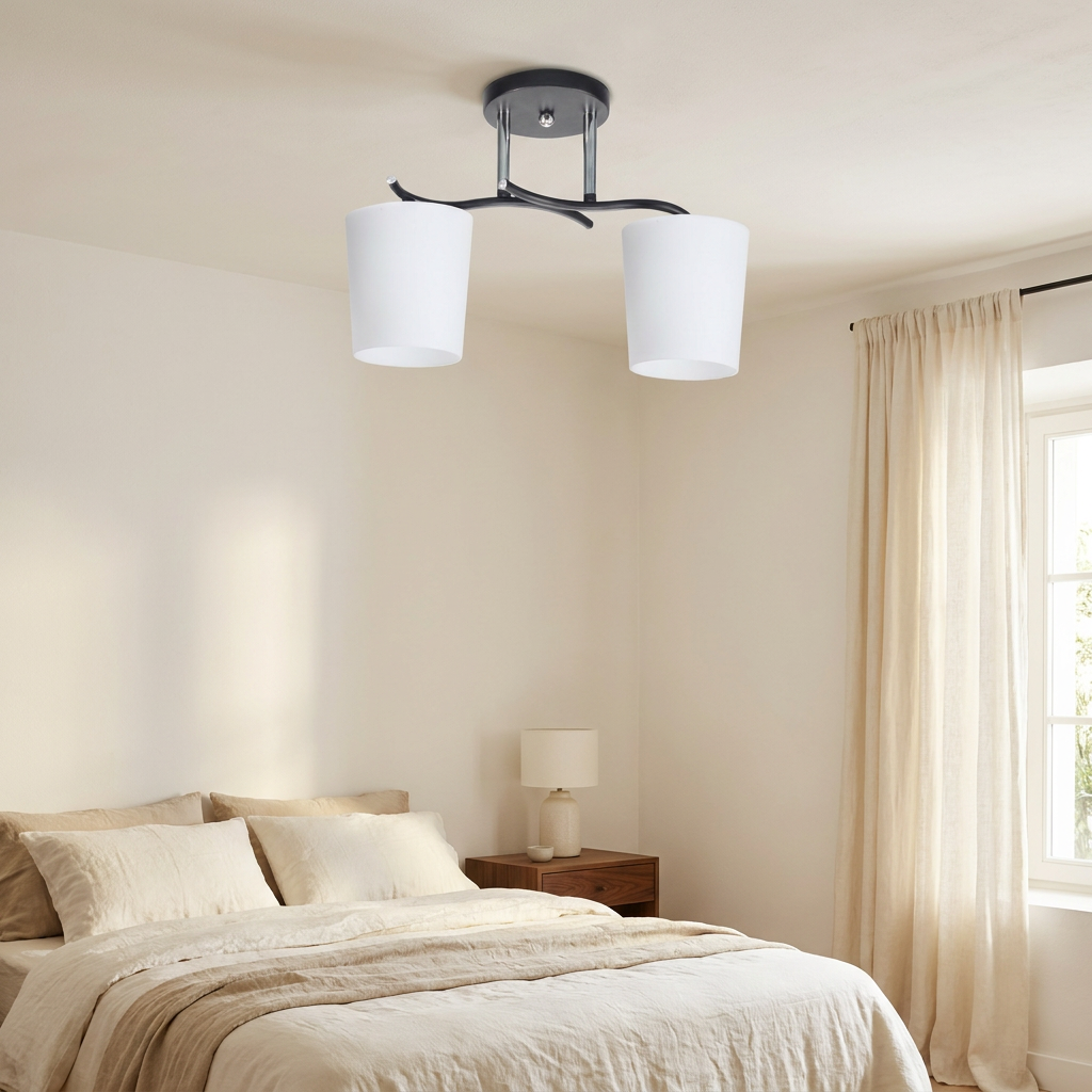 Plafonnier 2 Lampes Acier Verre — en situation dans une piece, fixe au plafond, eteint