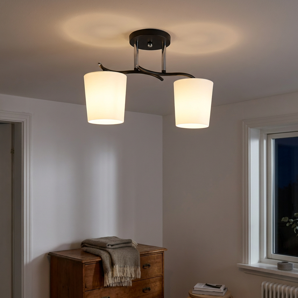 Plafonnier 2 Lampes Acier Verre — allume le soir, ambiance chaleureuse, eclairage du plafond