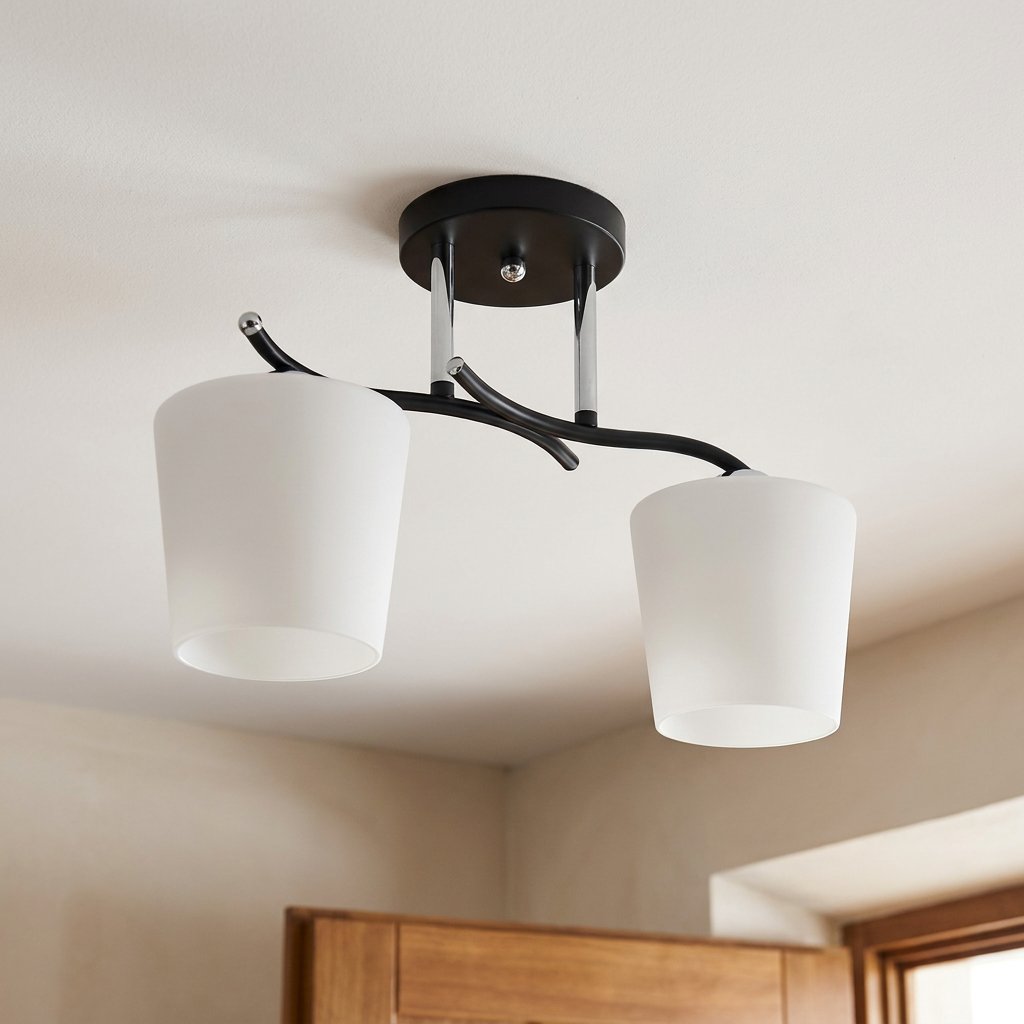 Plafonnier 2 Lampes Acier Verre — vu de dessous, fixe au plafond, eteint