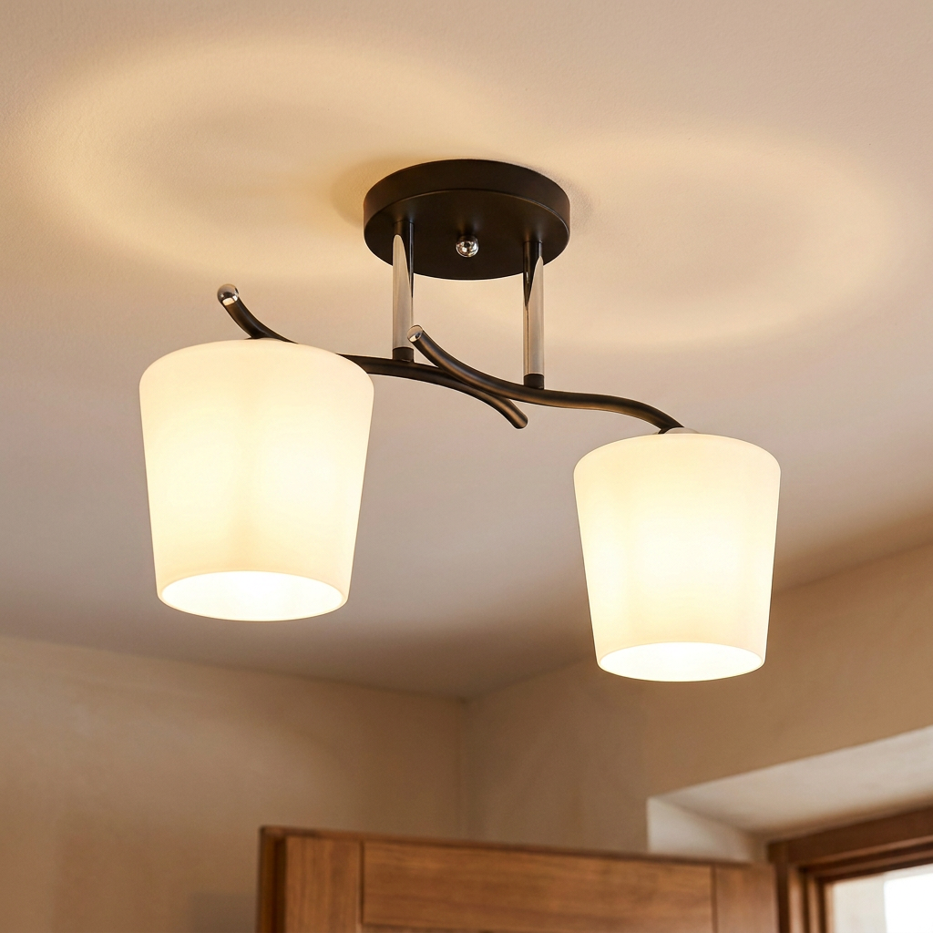 Plafonnier 2 Lampes Acier Verre — allume au plafond, halo lumineux