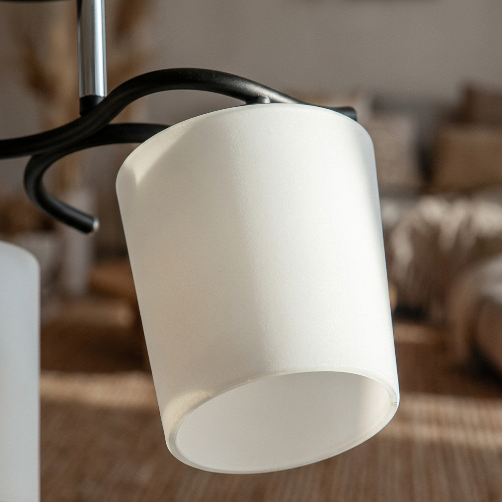 Plafonnier 2 Lampes Acier Verre — gros plan sur la matiere et la finition
