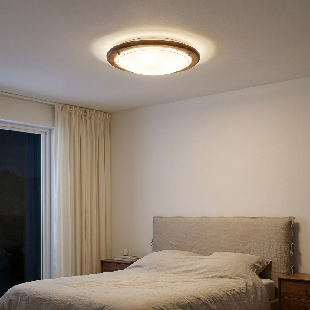 Plafonnier 2 Lampes Acier Verre Bois Chêne — allume le soir, ambiance chaleureuse, eclairage du plafond