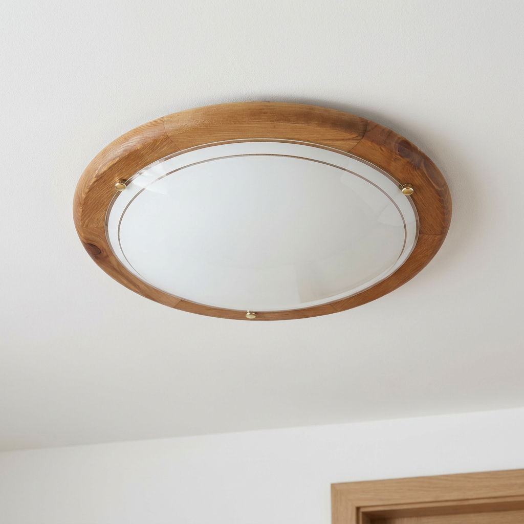 Plafonnier 2 Lampes Acier Verre Bois Chêne — vu de dessous, fixe au plafond, eteint