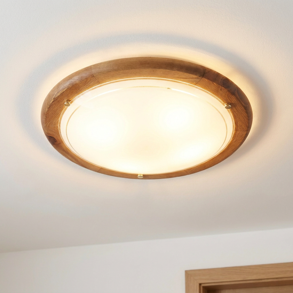 Plafonnier 2 Lampes Acier Verre Bois Chêne — allume au plafond, halo lumineux