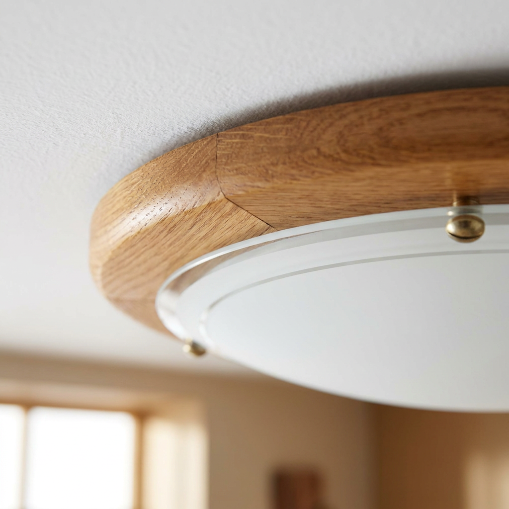 Plafonnier 2 Lampes Acier Verre Bois Chêne — detail du bord et de la fixation au plafond