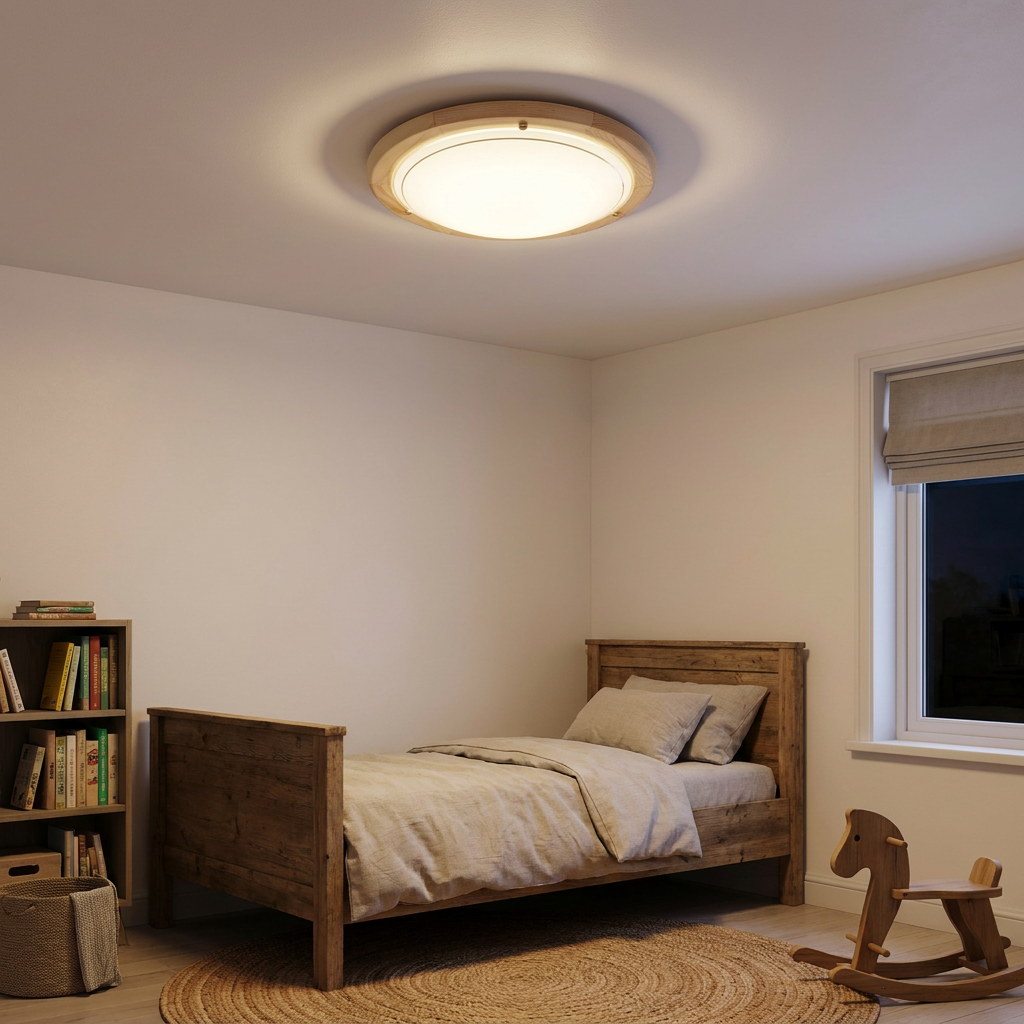 Plafonnier 2 Lampes Acier Verre Bois Pin — allume le soir, ambiance chaleureuse, eclairage du plafond