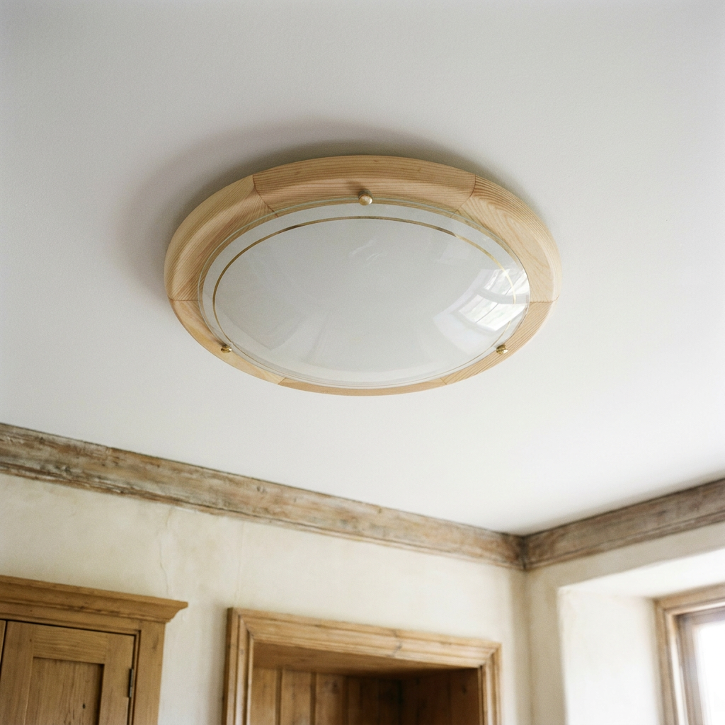Plafonnier 2 Lampes Acier Verre Bois Pin — vu de dessous, fixe au plafond, eteint