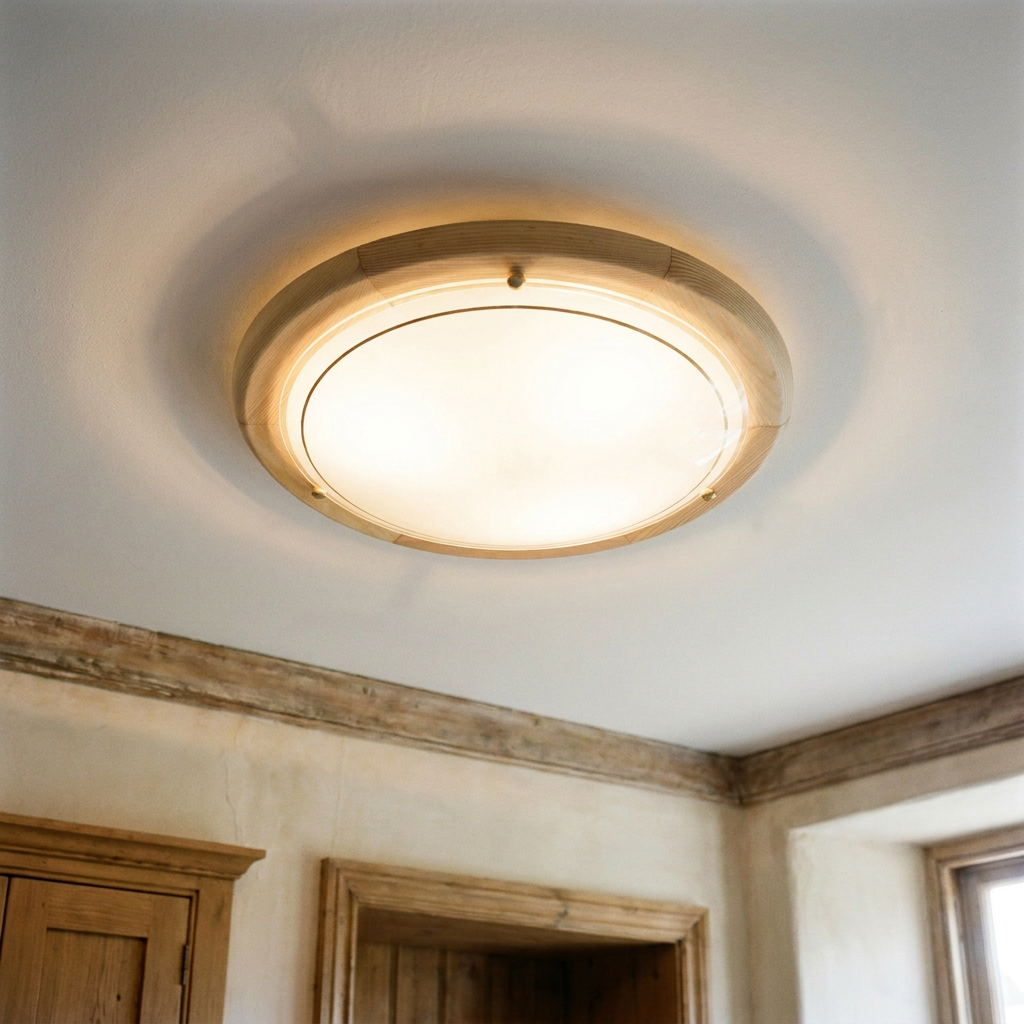Plafonnier 2 Lampes Acier Verre Bois Pin — allume au plafond, halo lumineux
