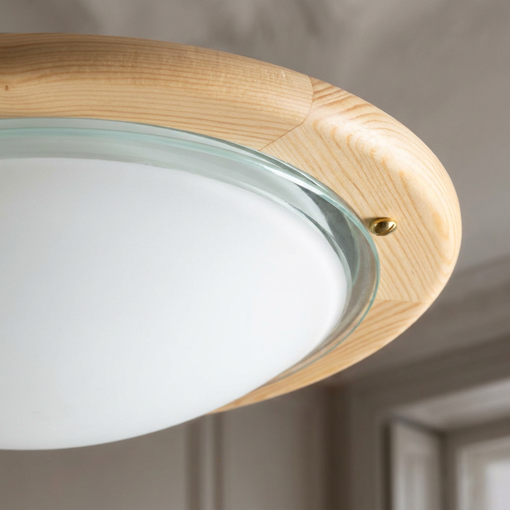 Plafonnier 2 Lampes Acier Verre Bois Pin — gros plan sur la matiere et la finition