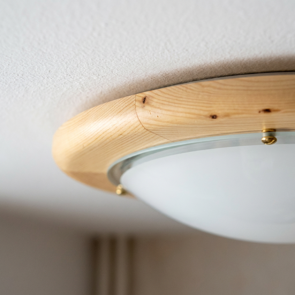 Plafonnier 2 Lampes Acier Verre Bois Pin — detail du bord et de la fixation au plafond