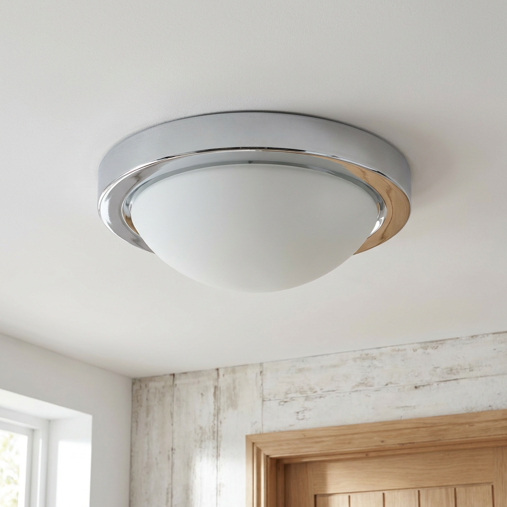 Plafonnier 2 Lampes Acier Verre Chromé | Roda — vu de dessous, fixe au plafond, eteint
