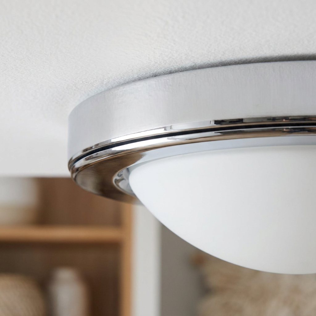 Plafonnier 2 Lampes Acier Verre Chromé | Roda — detail du bord et de la fixation au plafond