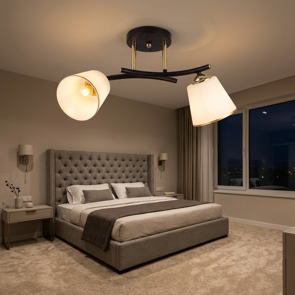 Plafonnier 2 Lampes Acier Verre Noir et Doré — allume le soir, ambiance chaleureuse, eclairage du plafond