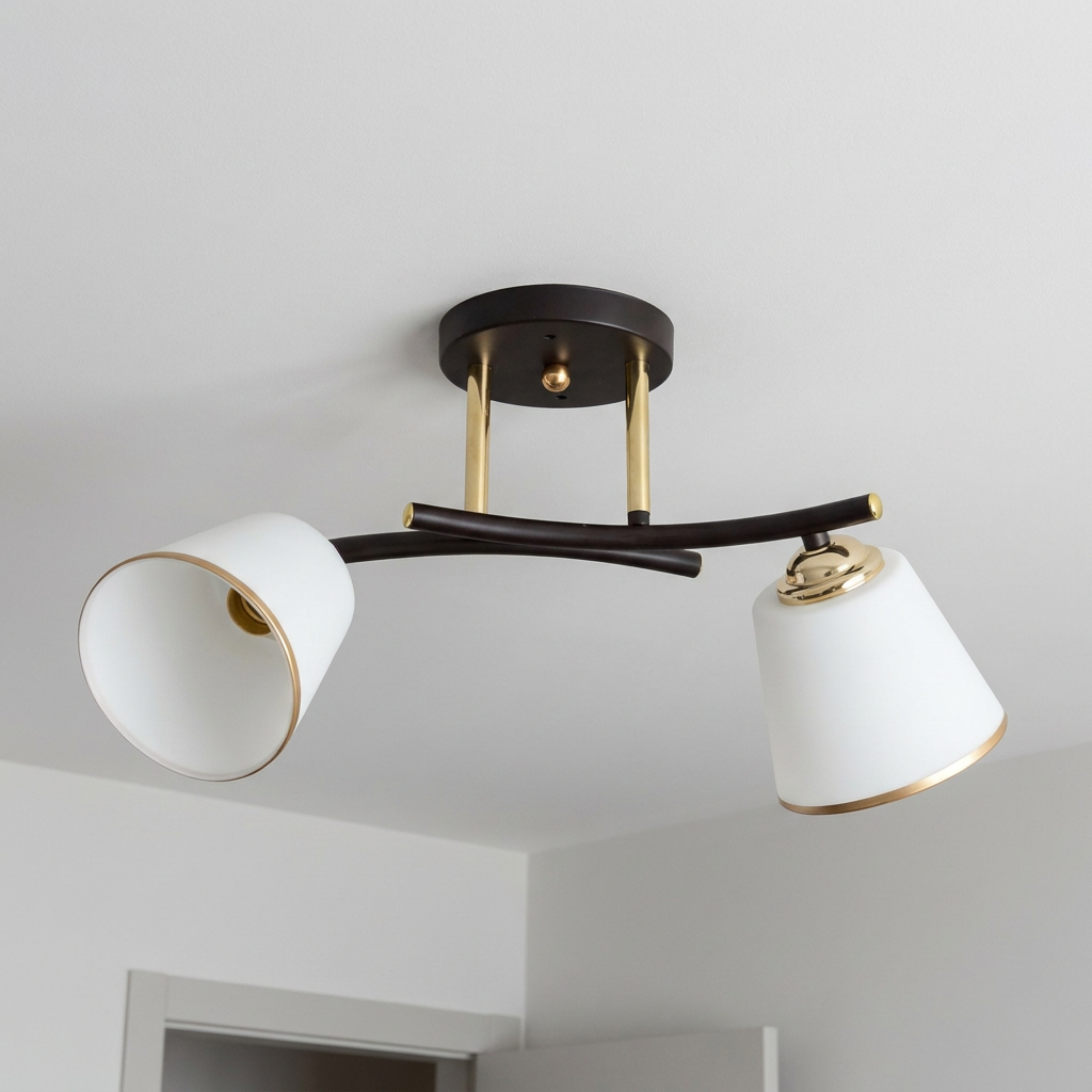 Plafonnier 2 Lampes Acier Verre Noir et Doré — vu de dessous, fixe au plafond, eteint