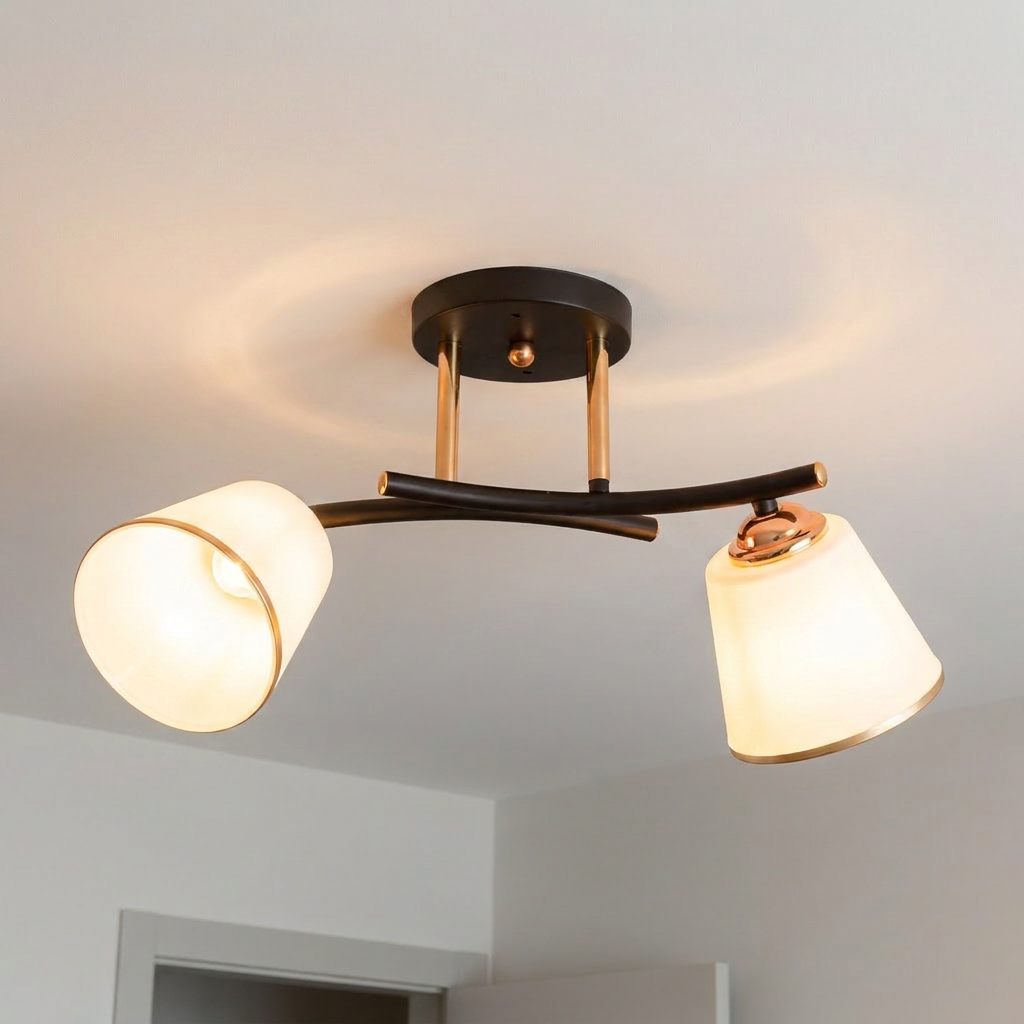 Plafonnier 2 Lampes Acier Verre Noir et Doré — allume au plafond, halo lumineux