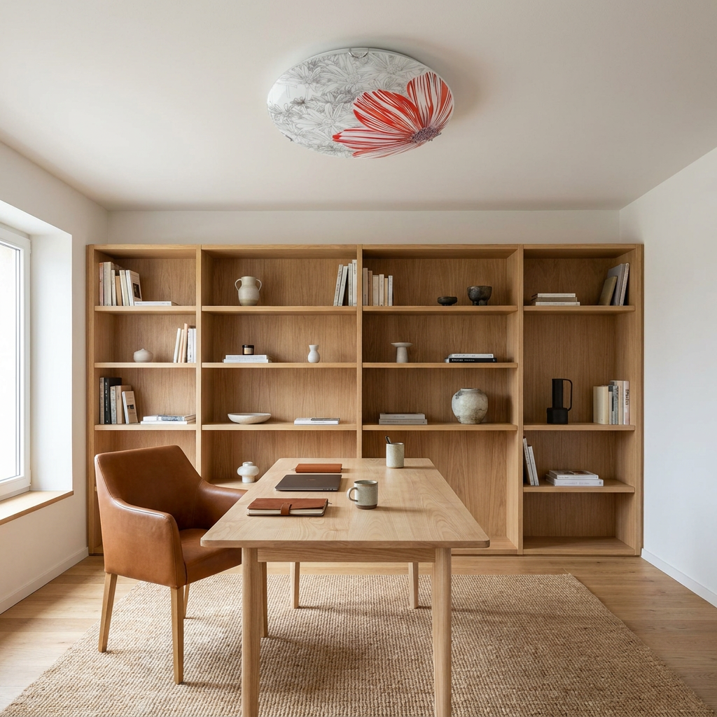 Plafonnier 2 Lampes Acier Verre Rouge | Spring — en situation dans une piece, fixe au plafond, eteint