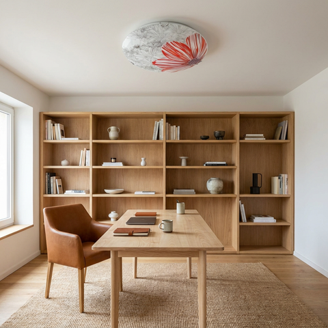 Plafonnier 2 Lampes Acier Verre Rouge | Spring — en situation dans une piece, fixe au plafond, eteint