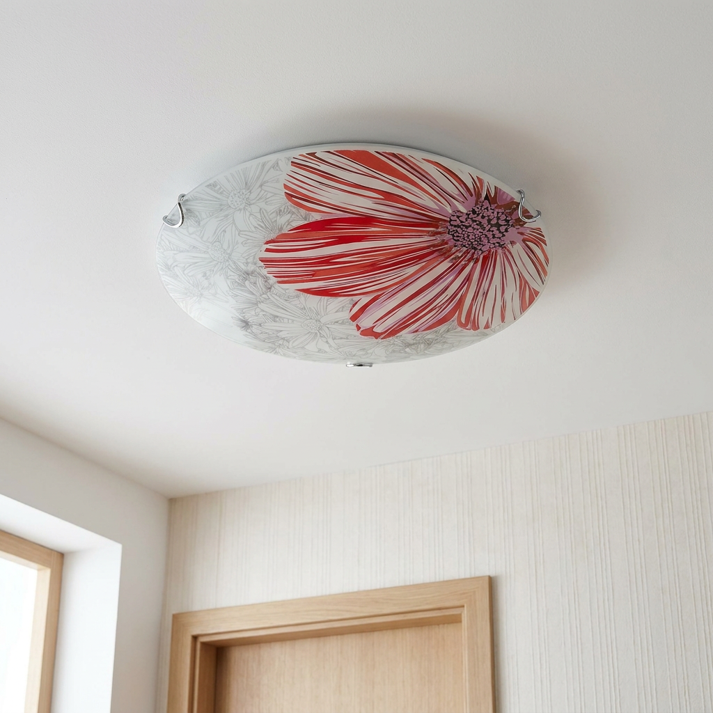 Plafonnier 2 Lampes Acier Verre Rouge | Spring — vu de dessous, fixe au plafond, eteint