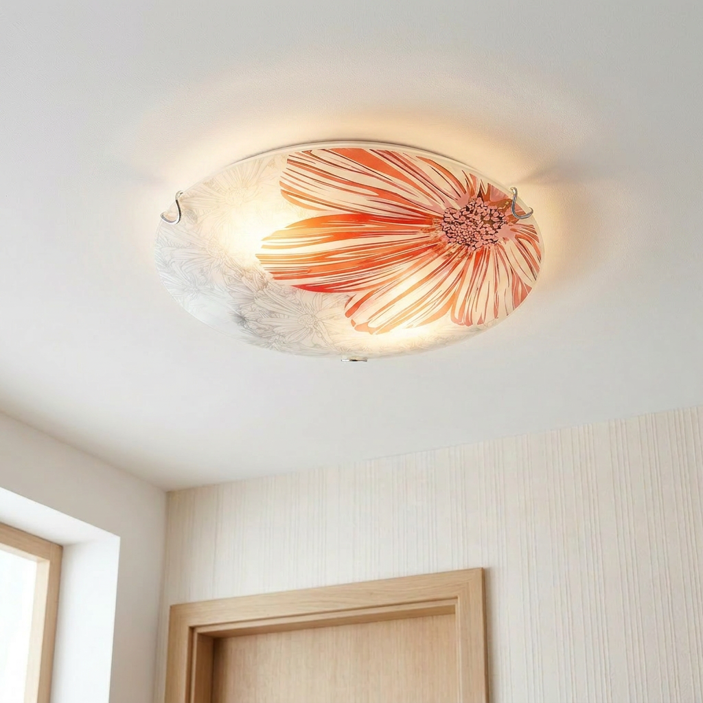 Plafonnier 2 Lampes Acier Verre Rouge | Spring — allume au plafond, halo lumineux