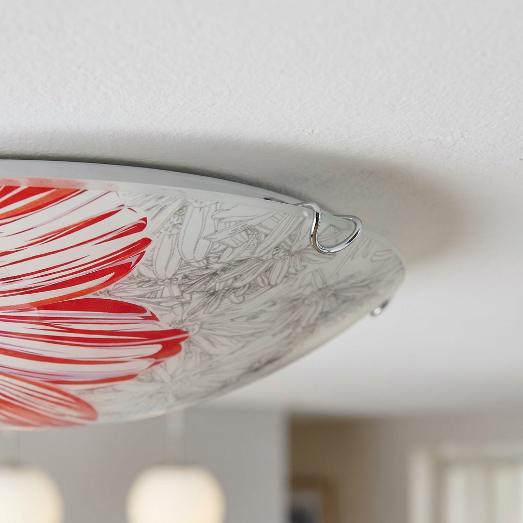 Plafonnier 2 Lampes Acier Verre Rouge | Spring — detail du bord et de la fixation au plafond