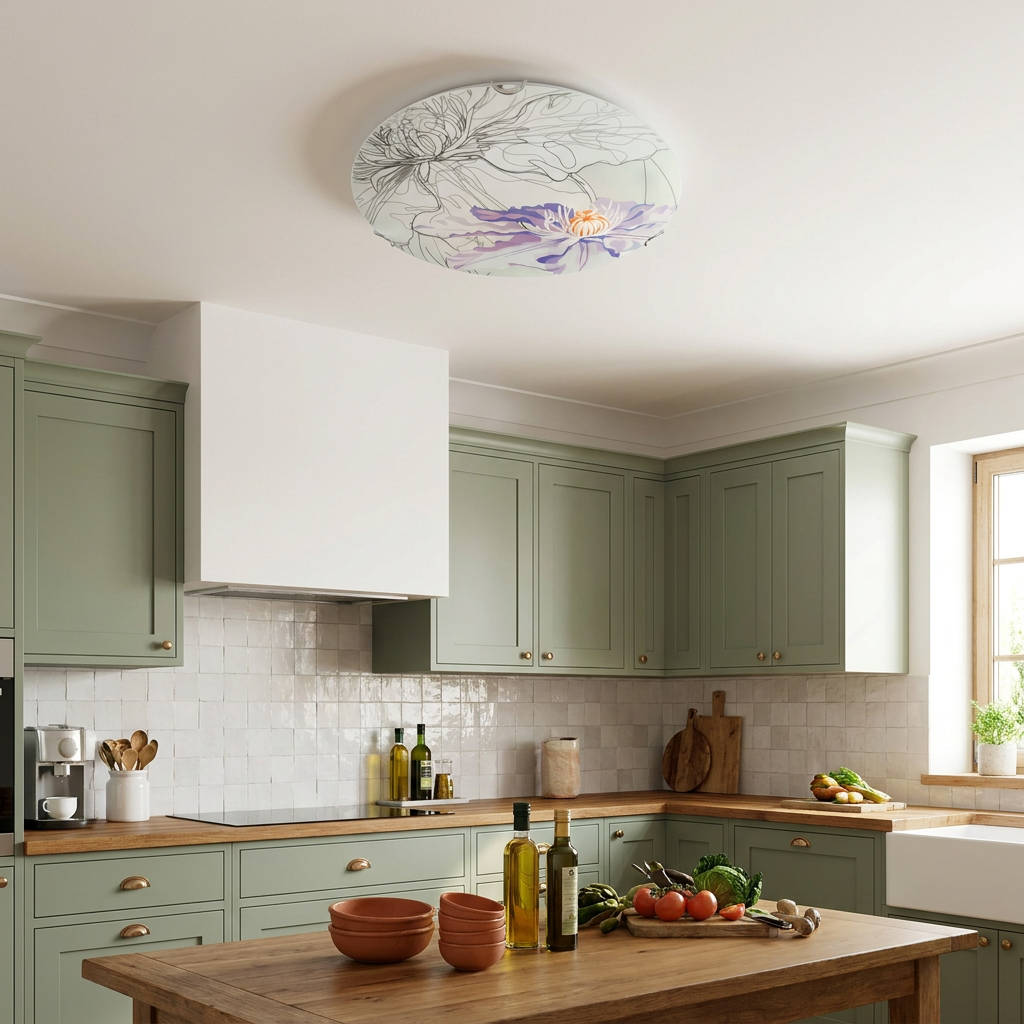 Plafonnier 2 Lampes Acier Verre Violet | Spring — en situation dans une piece, fixe au plafond, eteint