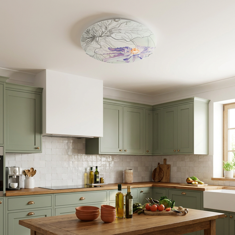 Plafonnier 2 Lampes Acier Verre Violet | Spring — en situation dans une piece, fixe au plafond, eteint