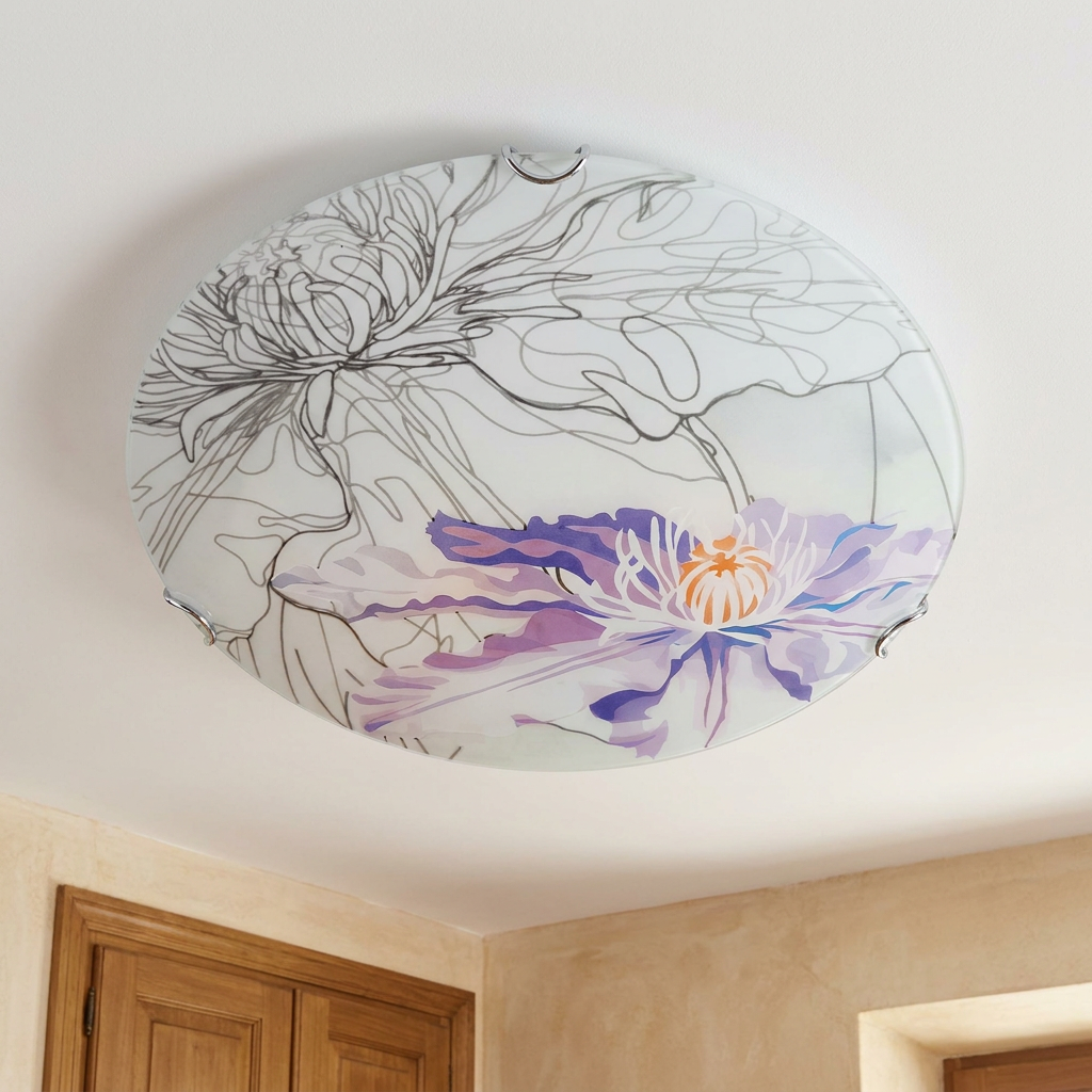 Plafonnier 2 Lampes Acier Verre Violet | Spring — vu de dessous, fixe au plafond, eteint