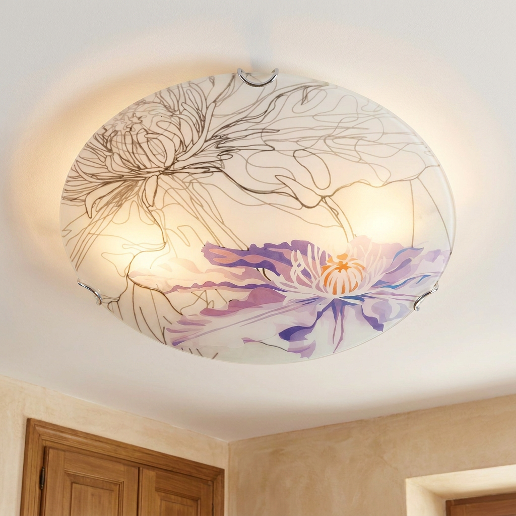Plafonnier 2 Lampes Acier Verre Violet | Spring — allume au plafond, halo lumineux